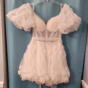Sherri Hill 55636 Ivory Tulle Puff Sleeve Mini Dress NWT | Size 10
